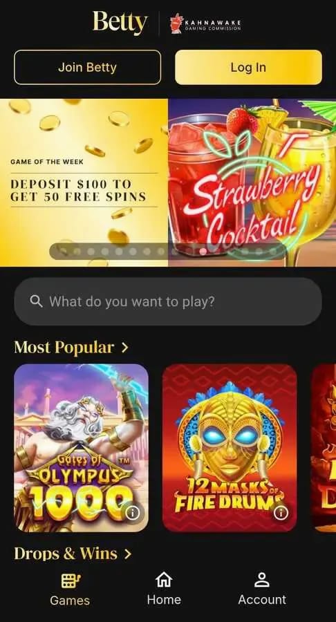 Betty Casino homepage: discover exciting casino features.